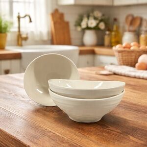 Mikasa Swirl White Soup Cereal Bowls Set of 3 Ribbed Stoneware